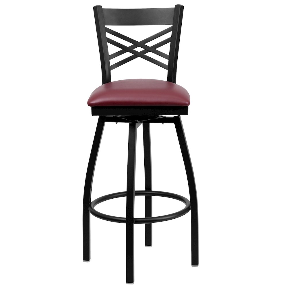 Black ''X'' Back Swivel Metal Barstool - Burgundy Vinyl Seat. Picture 4
