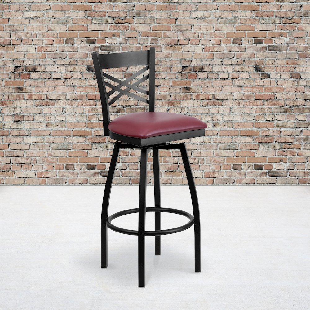Black ''X'' Back Swivel Metal Barstool - Burgundy Vinyl Seat. Picture 5
