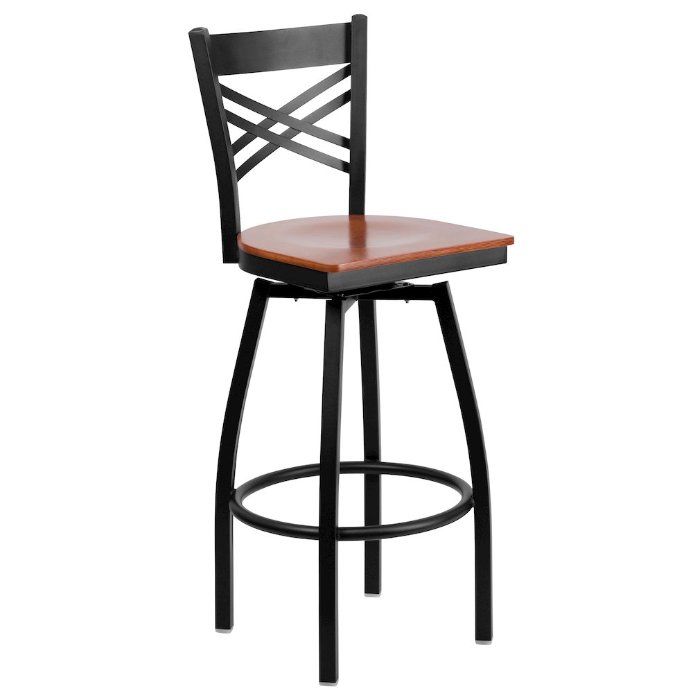 Black ''X'' Back Swivel Metal Barstool - Cherry Wood Seat. Picture 1