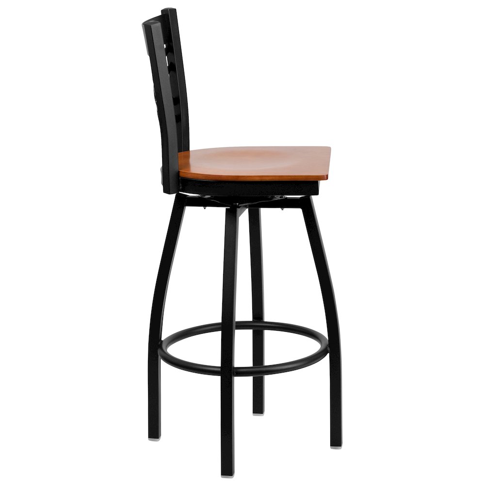 Black ''X'' Back Swivel Metal Barstool - Cherry Wood Seat. Picture 2