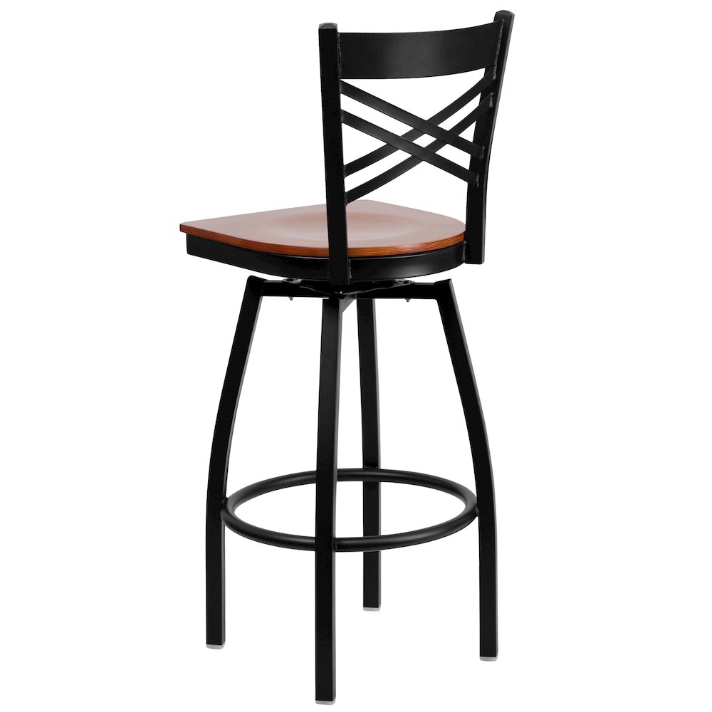 Black ''X'' Back Swivel Metal Barstool - Cherry Wood Seat. Picture 3
