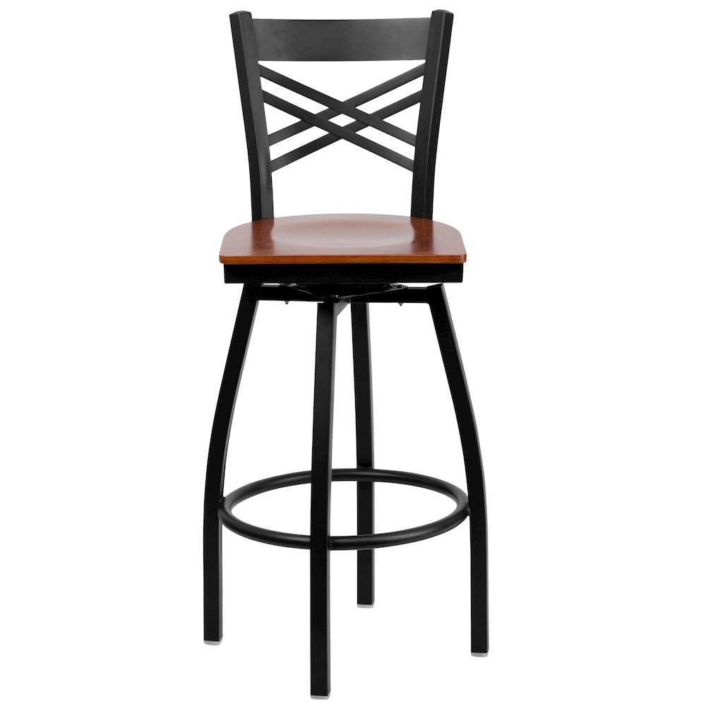 Black ''X'' Back Swivel Metal Barstool - Cherry Wood Seat. Picture 4