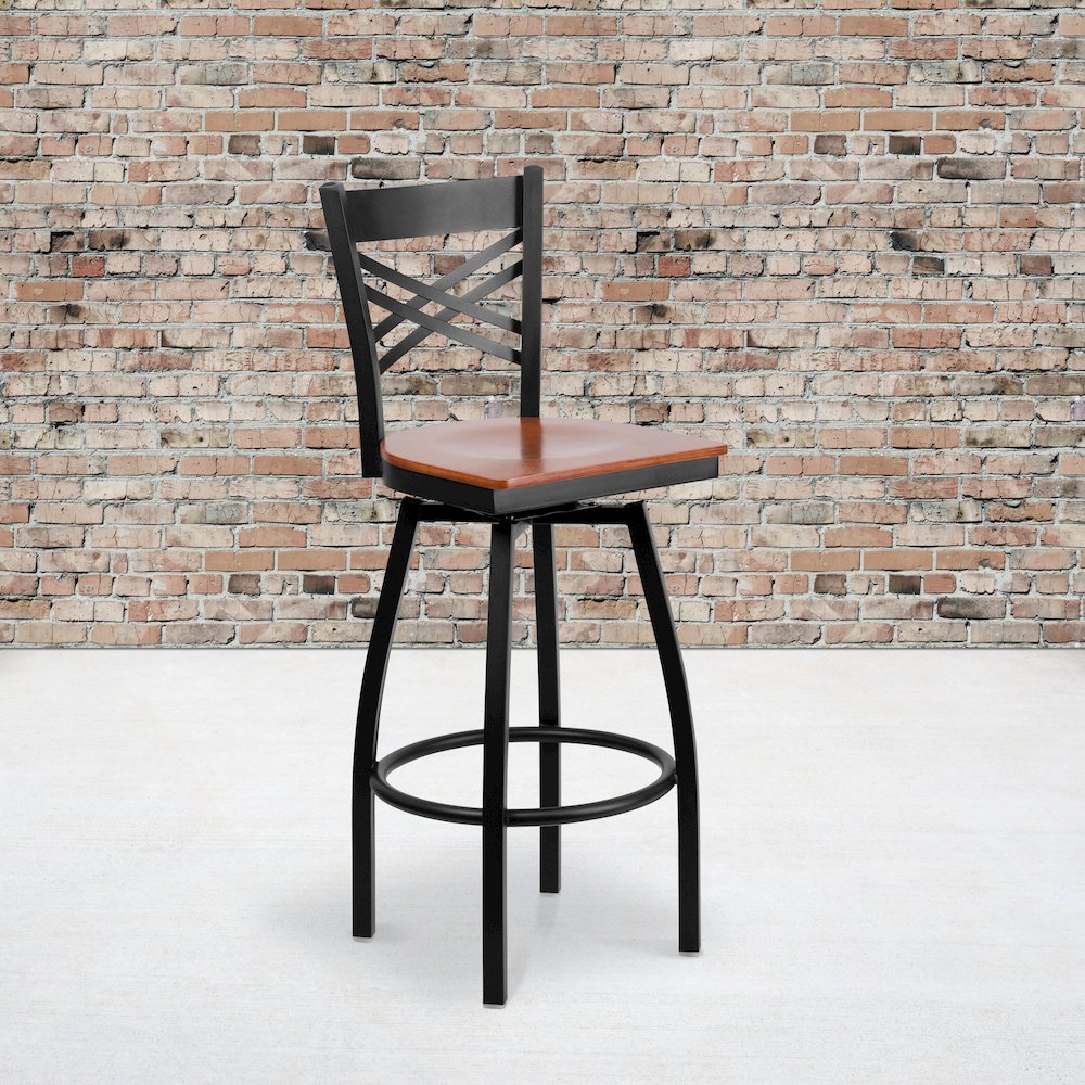 Black ''X'' Back Swivel Metal Barstool - Cherry Wood Seat. Picture 5