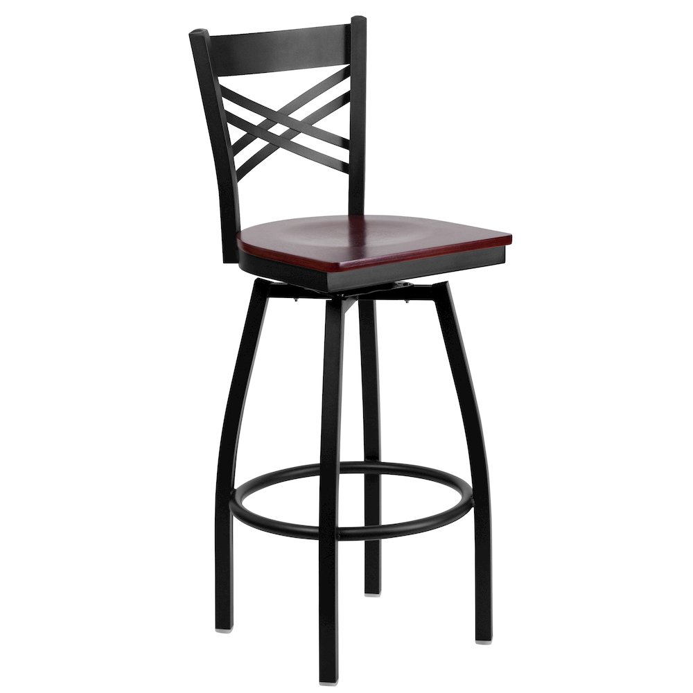 Black ''X'' Back Swivel Metal Barstool - Mahogany Wood Seat. Picture 1
