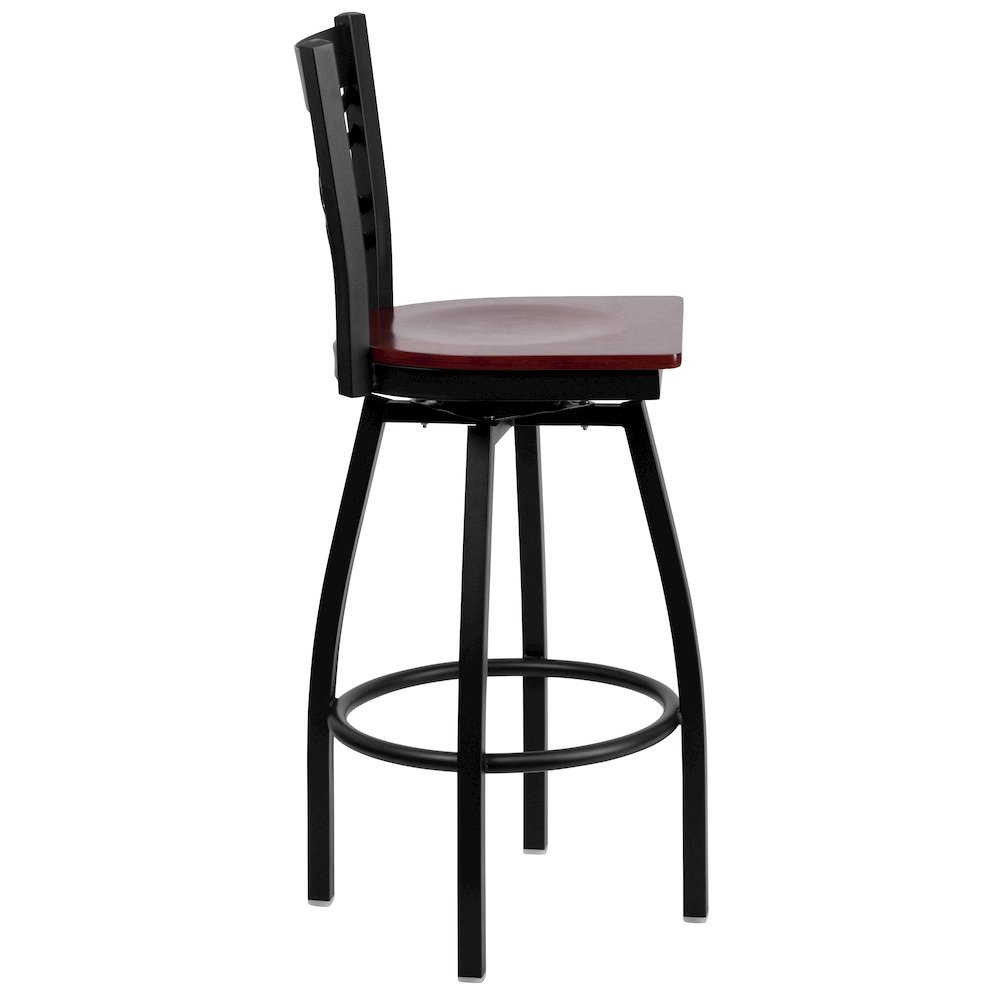 Black ''X'' Back Swivel Metal Barstool - Mahogany Wood Seat. Picture 2