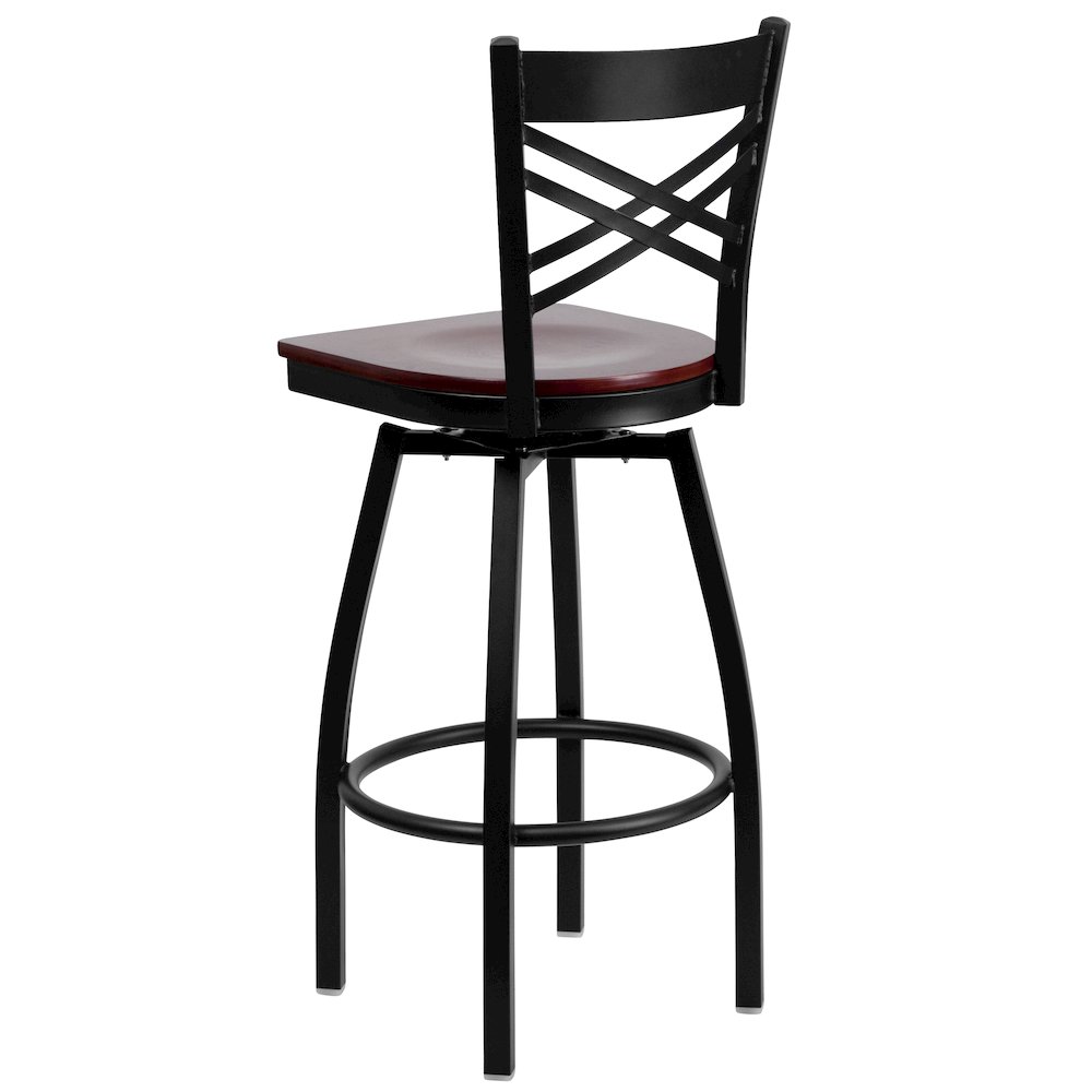 Black ''X'' Back Swivel Metal Barstool - Mahogany Wood Seat. Picture 3