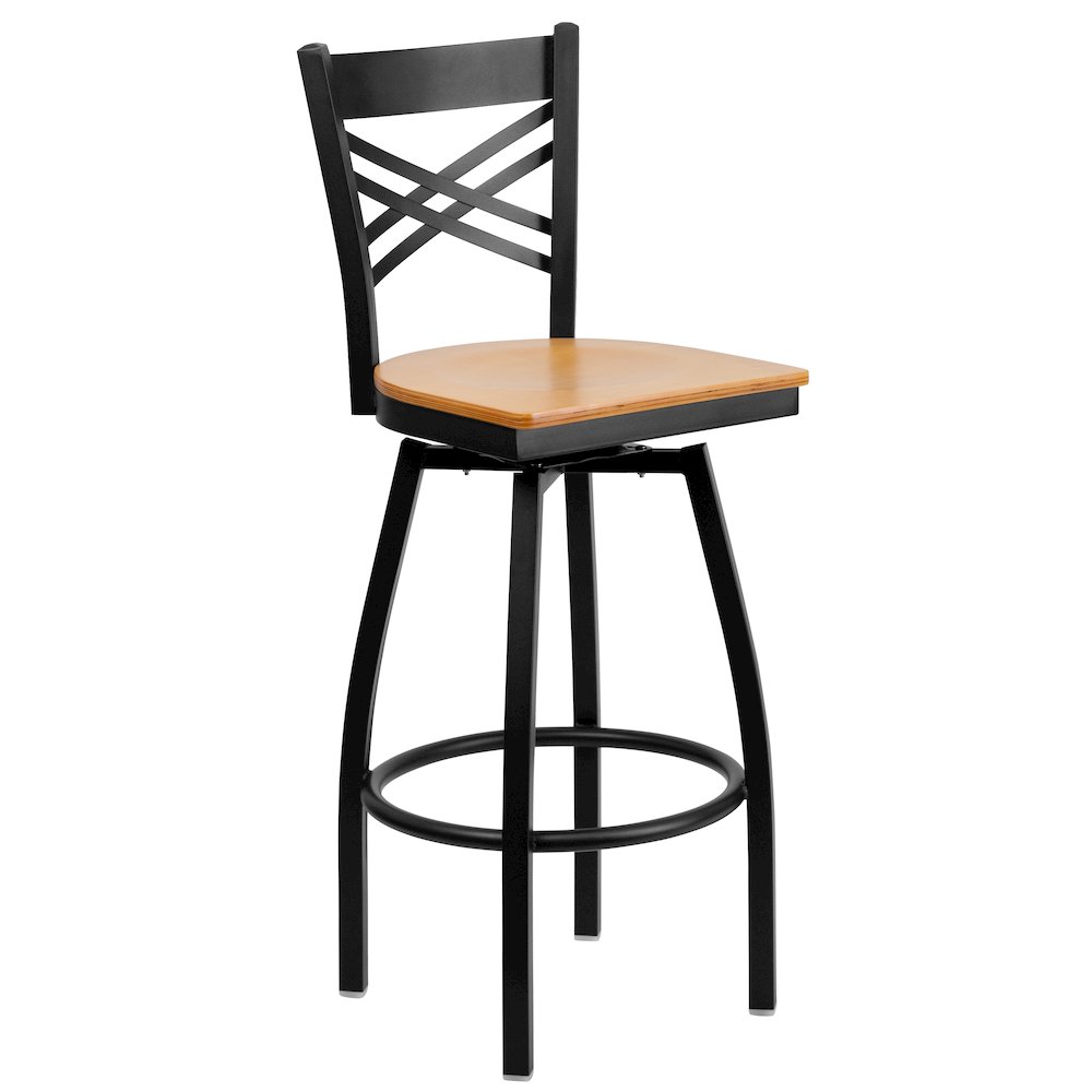 Black ''X'' Back Swivel Metal Barstool - Natural Wood Seat. Picture 1