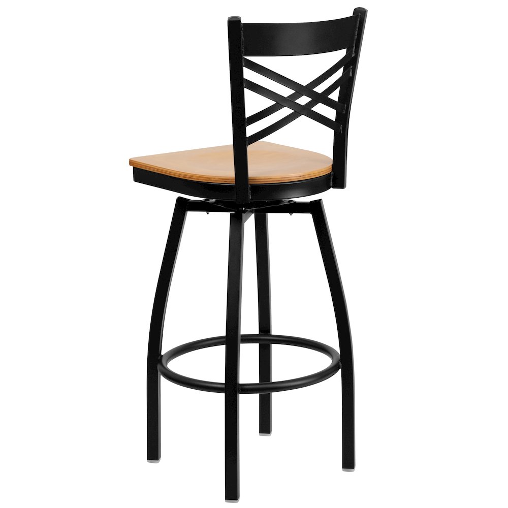 Black ''X'' Back Swivel Metal Barstool - Natural Wood Seat. Picture 4
