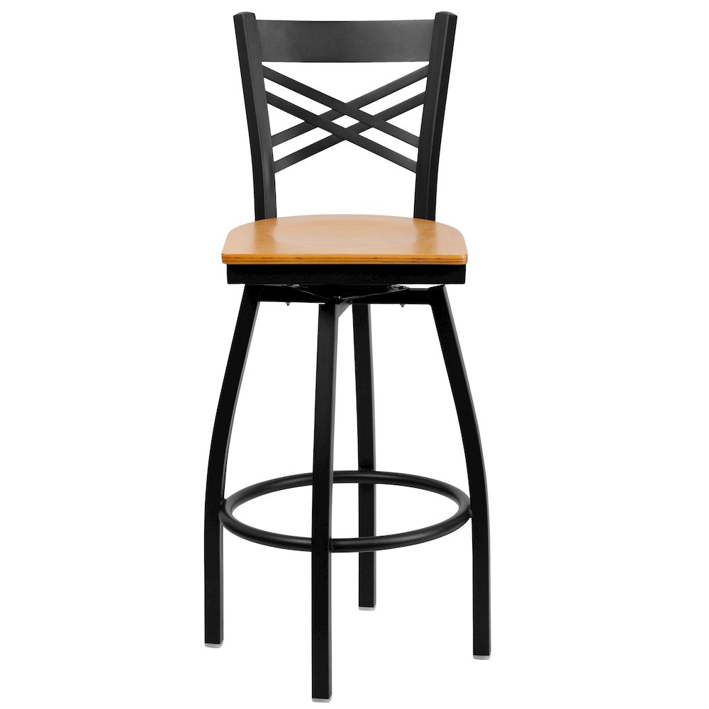 Black ''X'' Back Swivel Metal Barstool - Natural Wood Seat. Picture 6