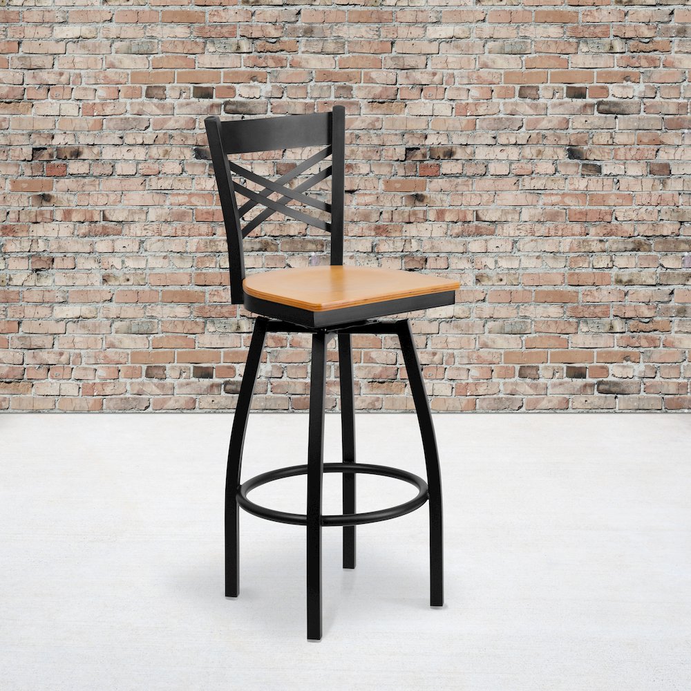 Black ''X'' Back Swivel Metal Barstool - Natural Wood Seat. Picture 2
