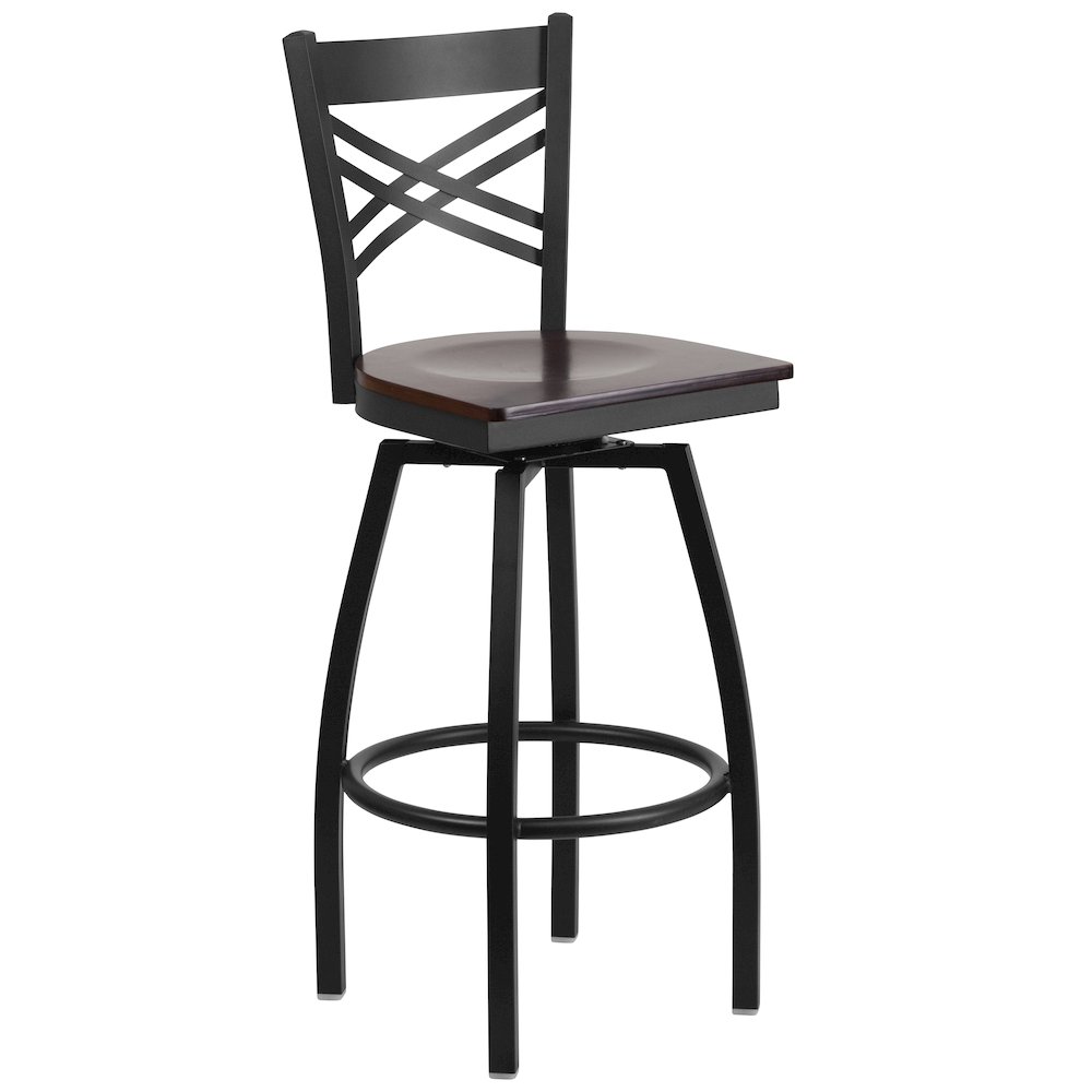 Black ''X'' Back Swivel Metal Barstool - Walnut Wood Seat. Picture 1