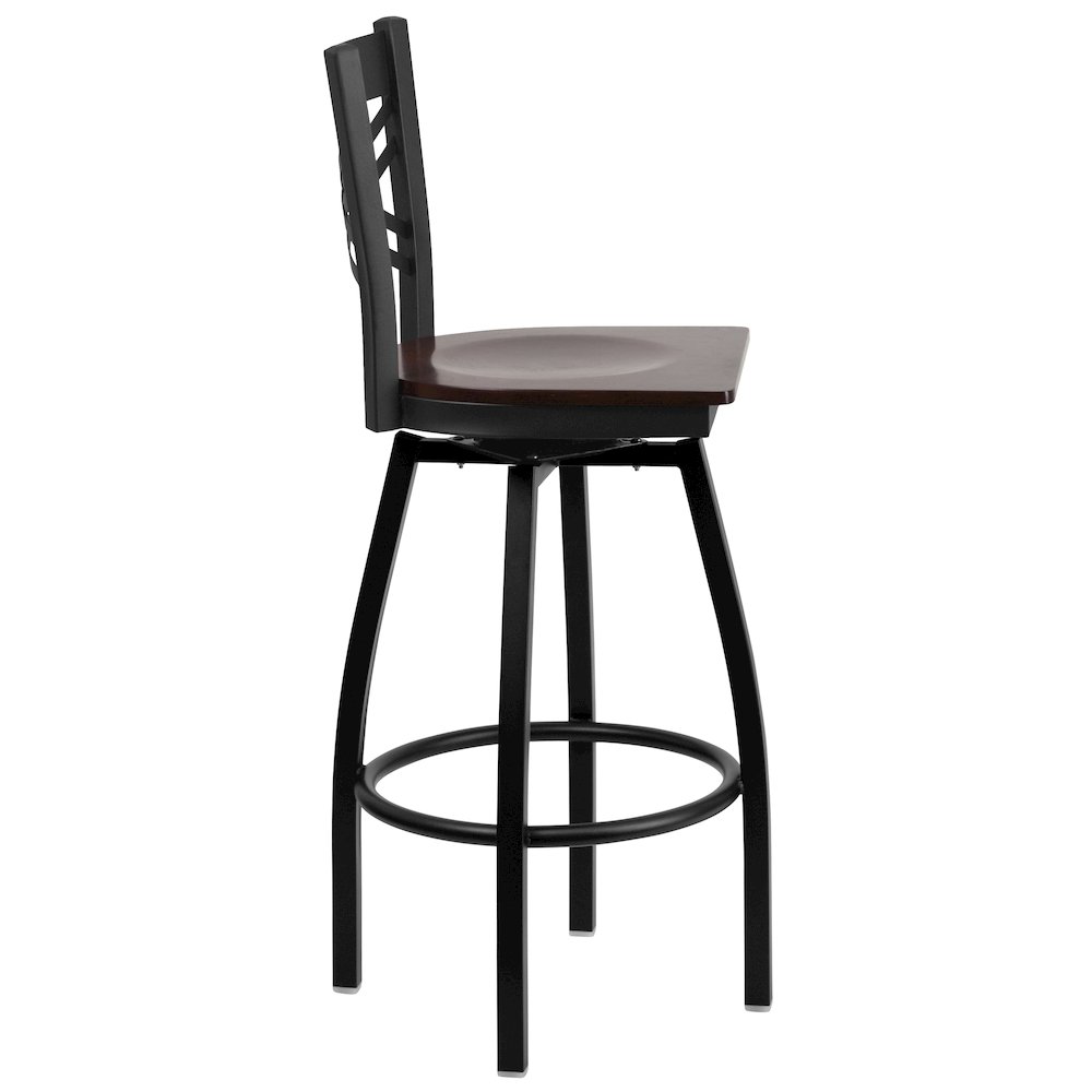Black ''X'' Back Swivel Metal Barstool - Walnut Wood Seat. Picture 5