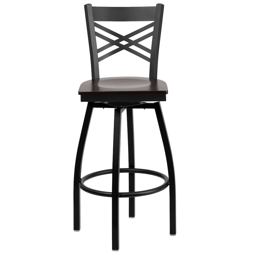 Black ''X'' Back Swivel Metal Barstool - Walnut Wood Seat. Picture 6