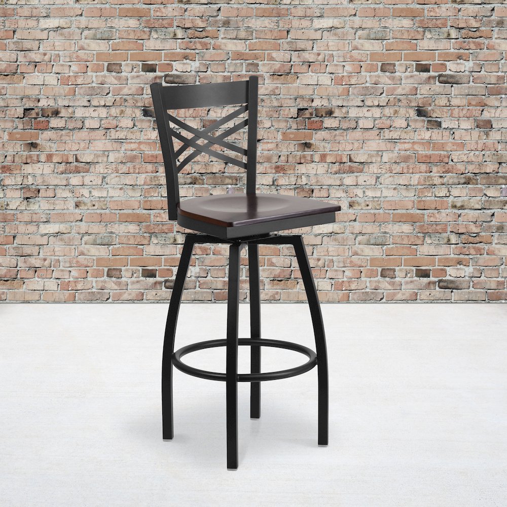 Black ''X'' Back Swivel Metal Barstool - Walnut Wood Seat. Picture 2