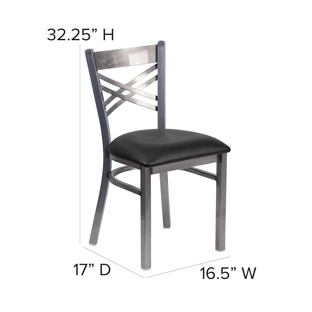 Clear Coated ''X'' Back Metal Restaurant Chair - Black Vinyl Seat. Picture 5