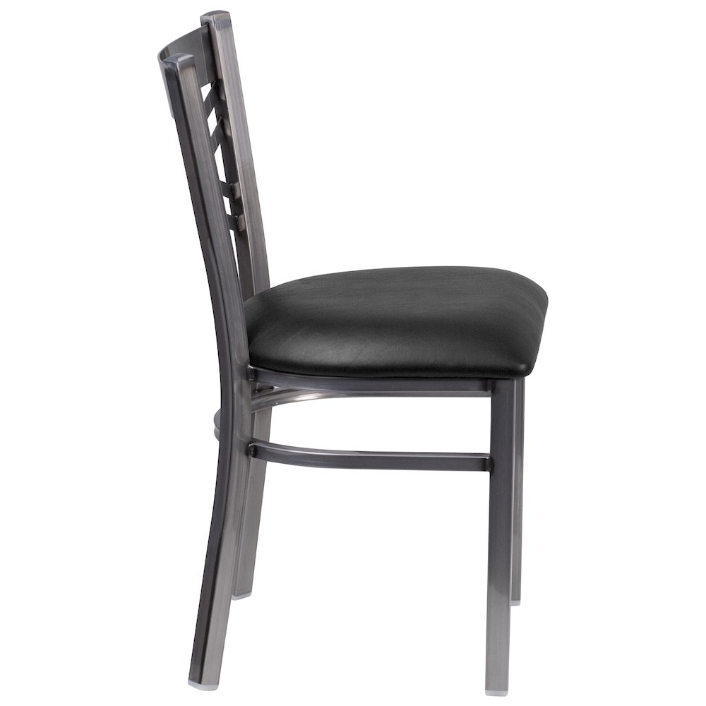 Clear Coated ''X'' Back Metal Restaurant Chair - Black Vinyl Seat. Picture 2