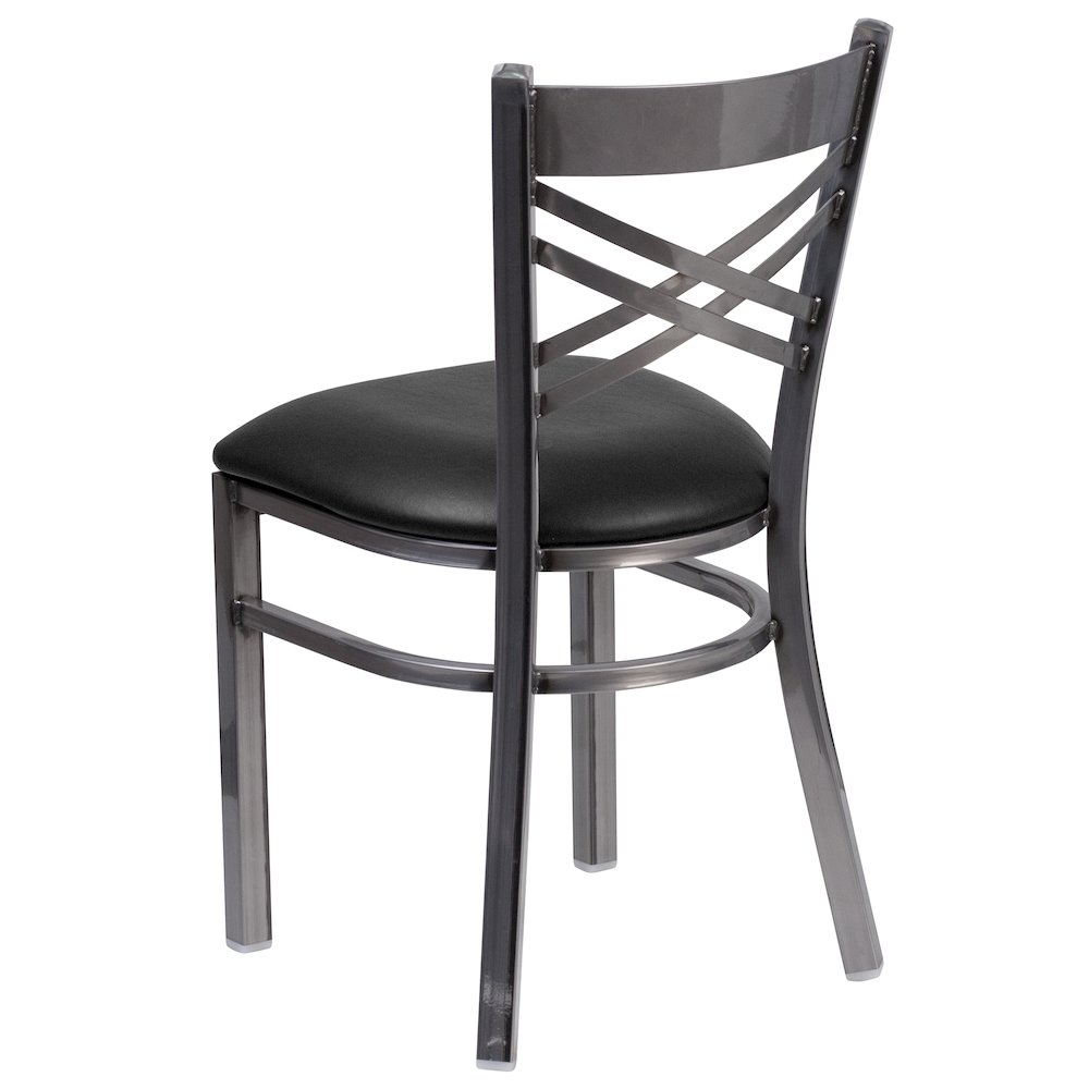 Clear Coated ''X'' Back Metal Restaurant Chair - Black Vinyl Seat. Picture 3