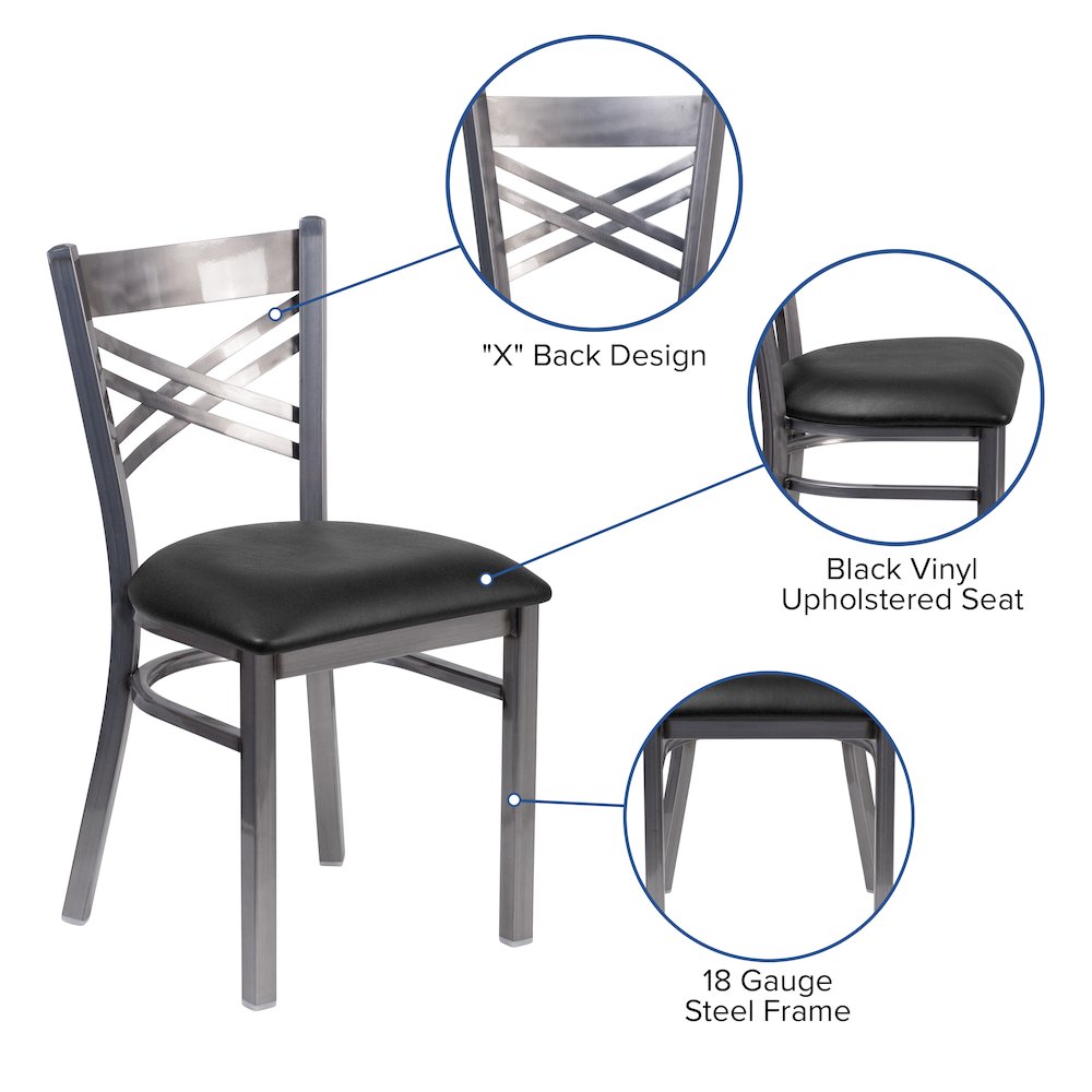Clear Coated ''X'' Back Metal Restaurant Chair - Black Vinyl Seat. Picture 5