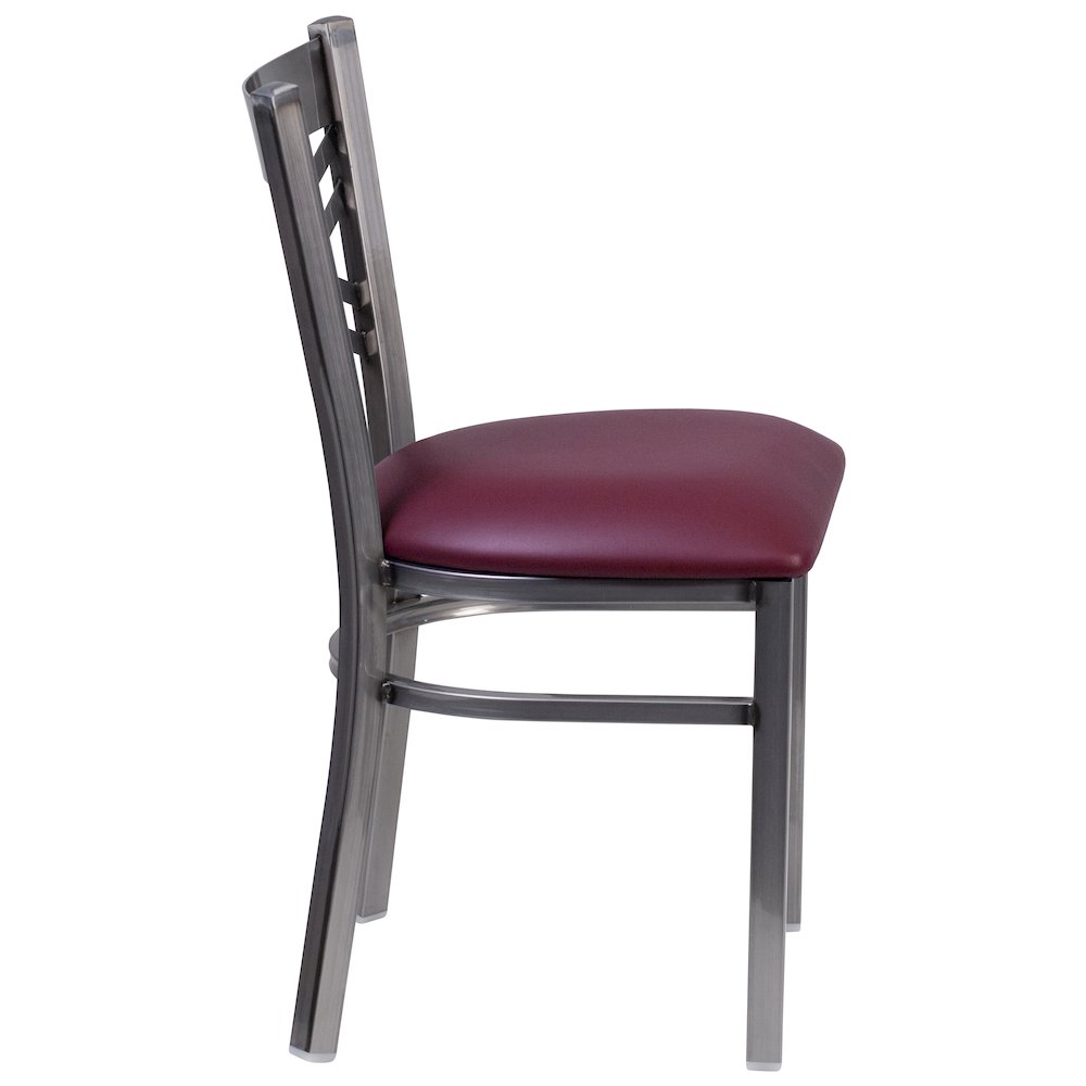 Clear Coated ''X'' Back Metal Restaurant Chair - Burgundy Vinyl Seat. Picture 3