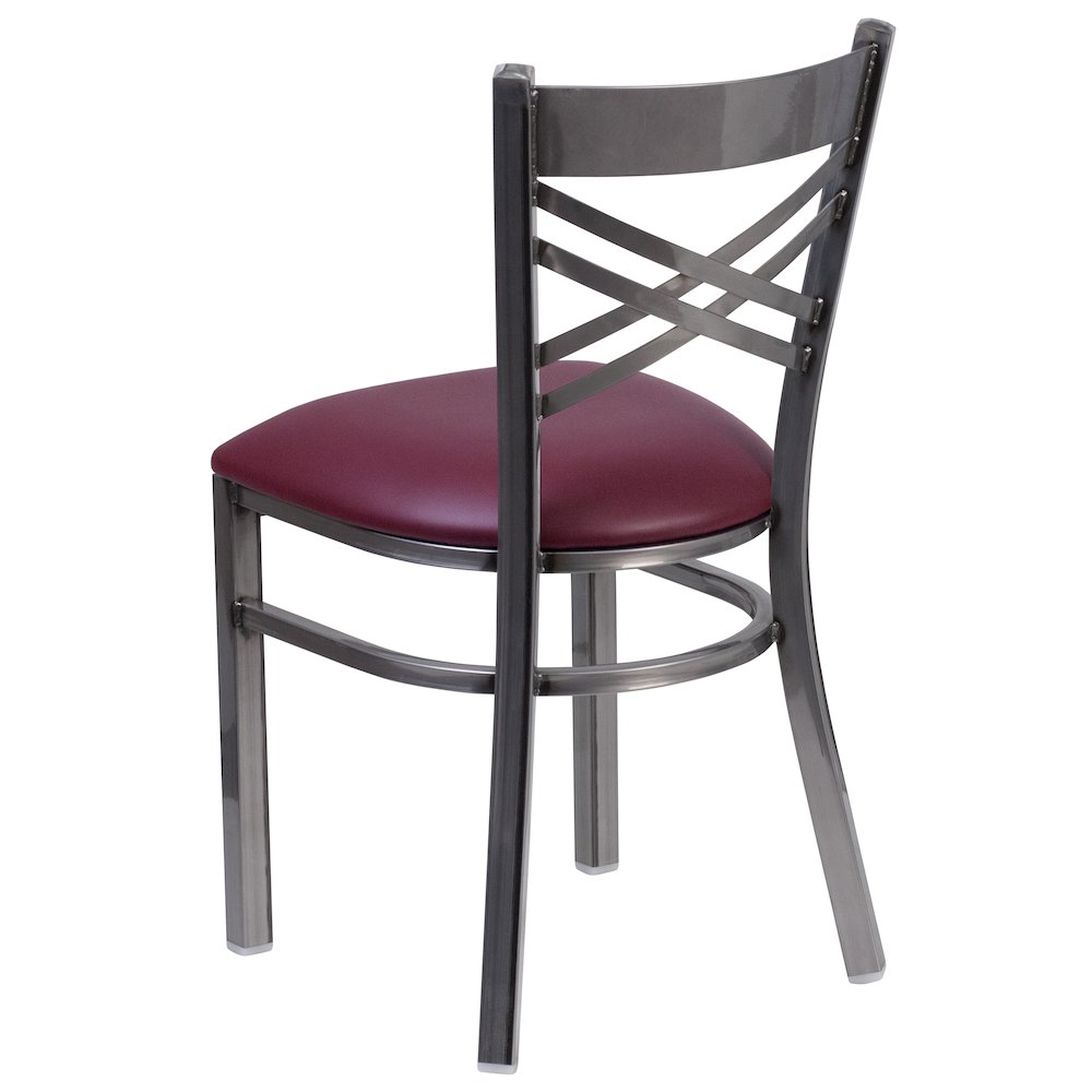 Clear Coated ''X'' Back Metal Restaurant Chair - Burgundy Vinyl Seat. Picture 2