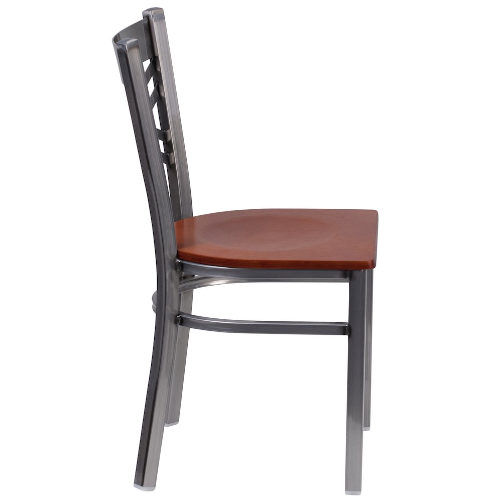 Clear Coated ''X'' Back Metal Restaurant Chair - Cherry Wood Seat. Picture 2