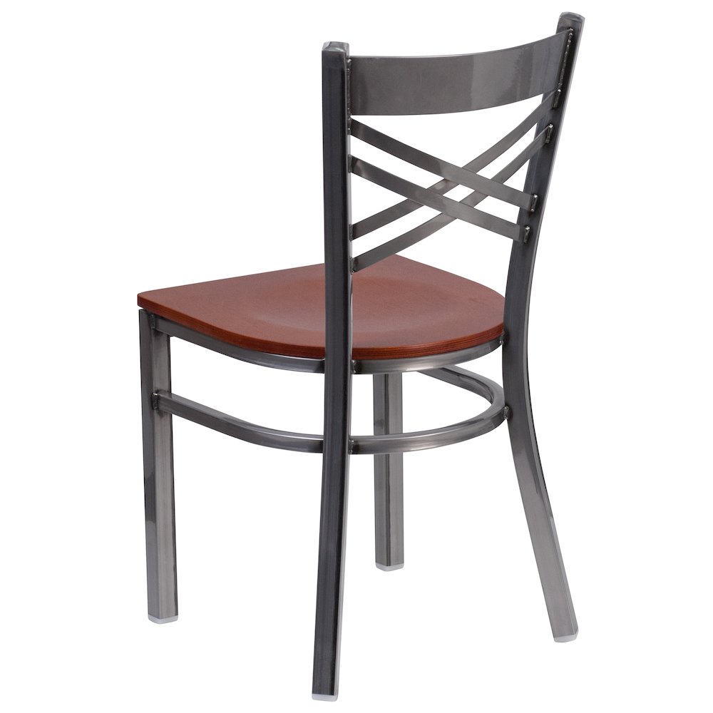 Clear Coated ''X'' Back Metal Restaurant Chair - Cherry Wood Seat. Picture 3