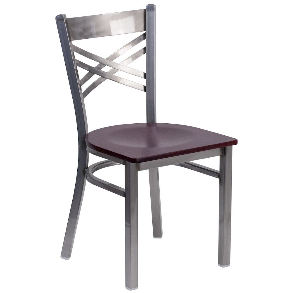 Clear Coated ''X'' Back Metal Restaurant Chair - Mahogany Wood Seat. Picture 1