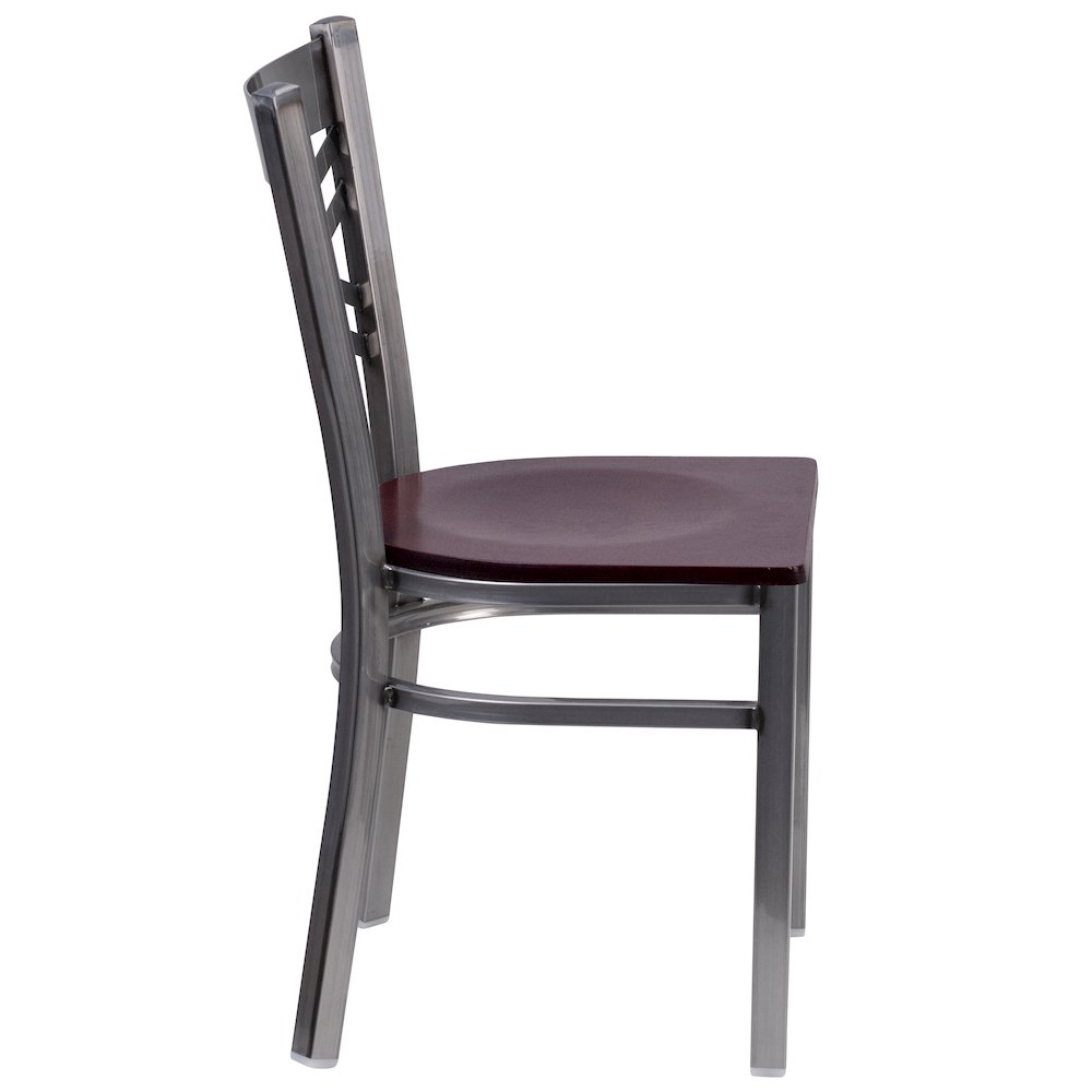 Clear Coated ''X'' Back Metal Restaurant Chair - Mahogany Wood Seat. Picture 2