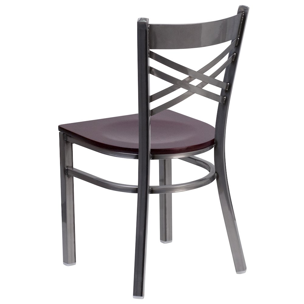 Clear Coated ''X'' Back Metal Restaurant Chair - Mahogany Wood Seat. Picture 3