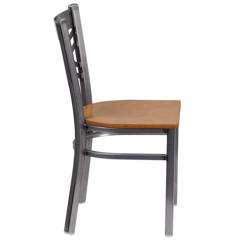 Clear Coated ''X'' Back Metal Restaurant Chair - Natural Wood Seat. Picture 5