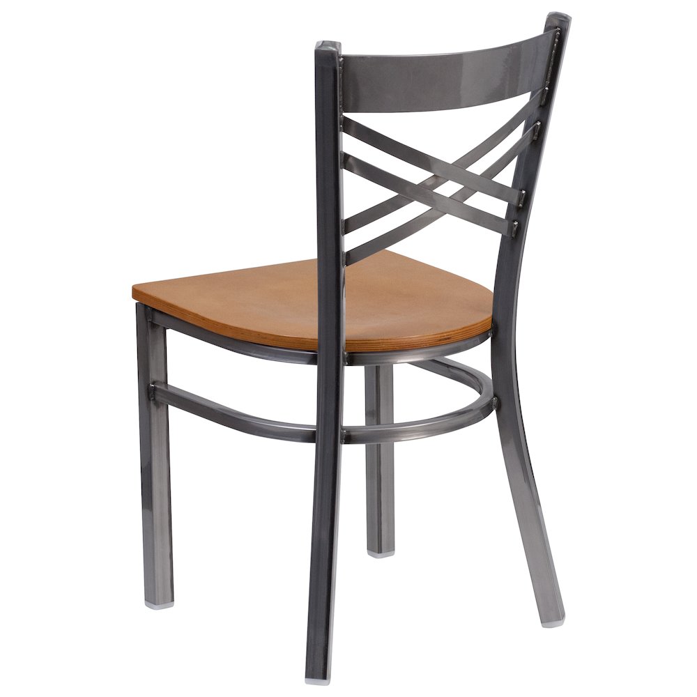 Clear Coated ''X'' Back Metal Restaurant Chair - Natural Wood Seat. Picture 4