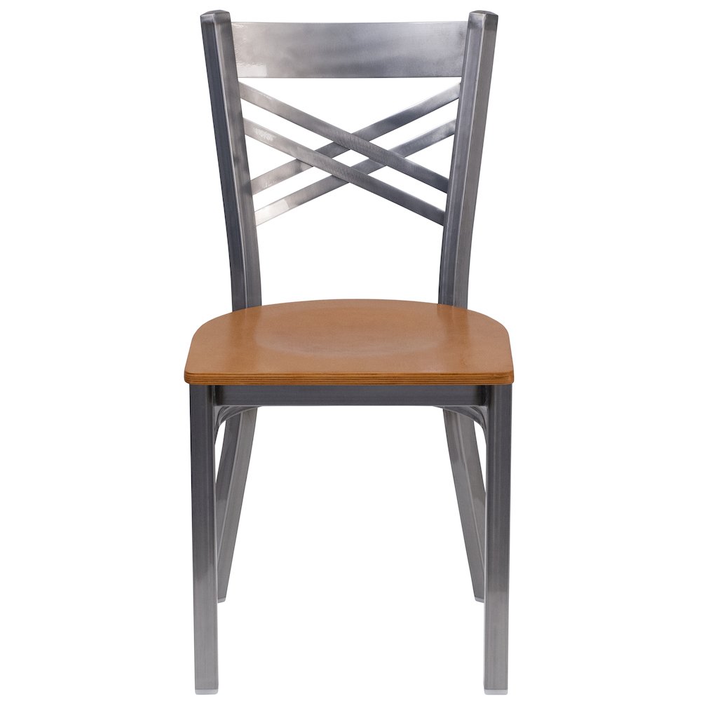 Clear Coated ''X'' Back Metal Restaurant Chair - Natural Wood Seat. Picture 6
