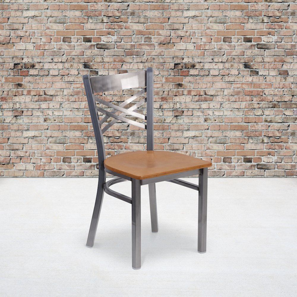 Clear Coated ''X'' Back Metal Restaurant Chair - Natural Wood Seat. Picture 2