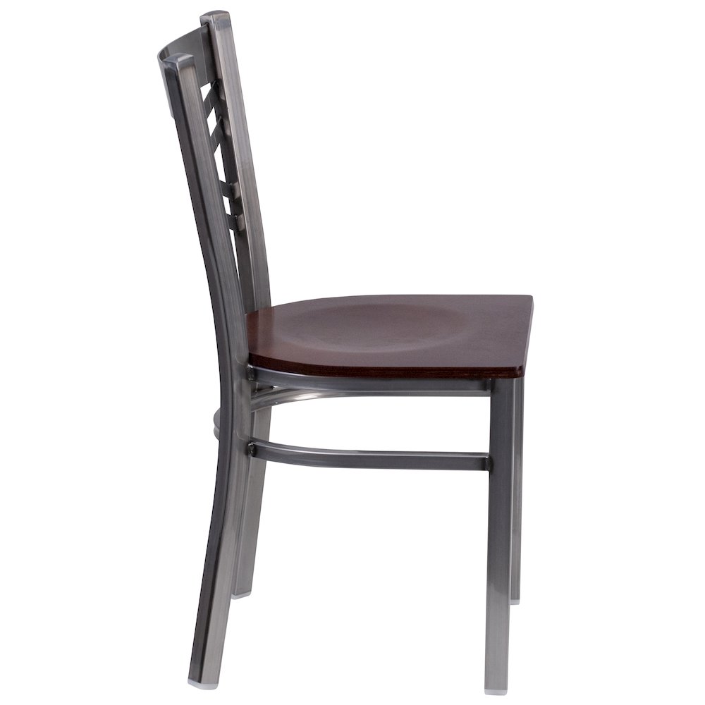 Clear Coated ''X'' Back Metal Restaurant Chair - Walnut Wood Seat. Picture 2