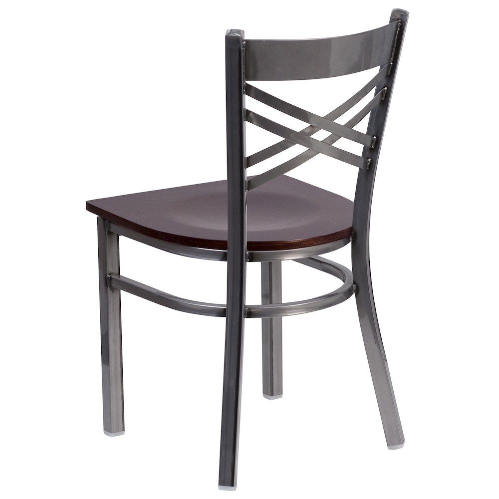 Clear Coated ''X'' Back Metal Restaurant Chair - Walnut Wood Seat. Picture 3