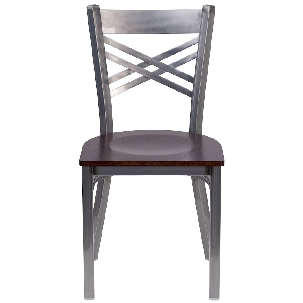 Clear Coated ''X'' Back Metal Restaurant Chair - Walnut Wood Seat. Picture 4
