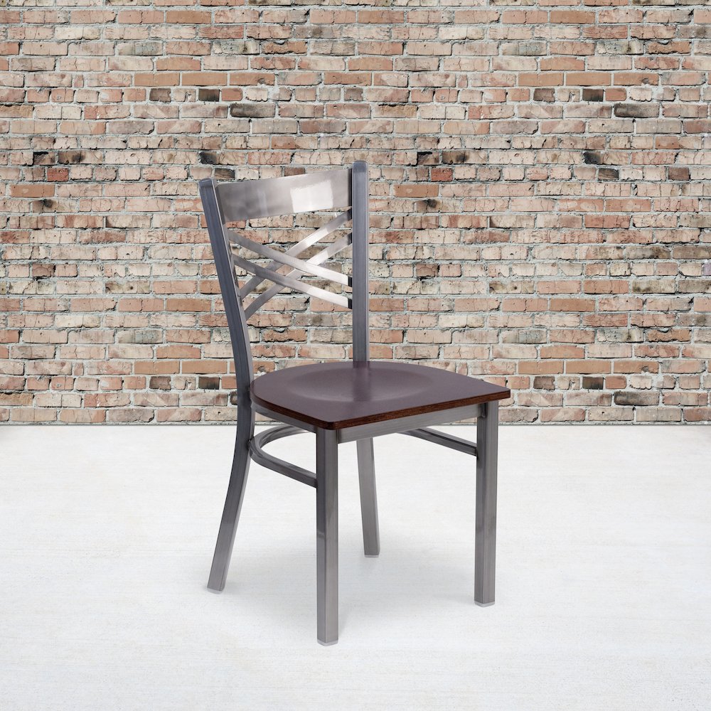 Clear Coated ''X'' Back Metal Restaurant Chair - Walnut Wood Seat. Picture 5