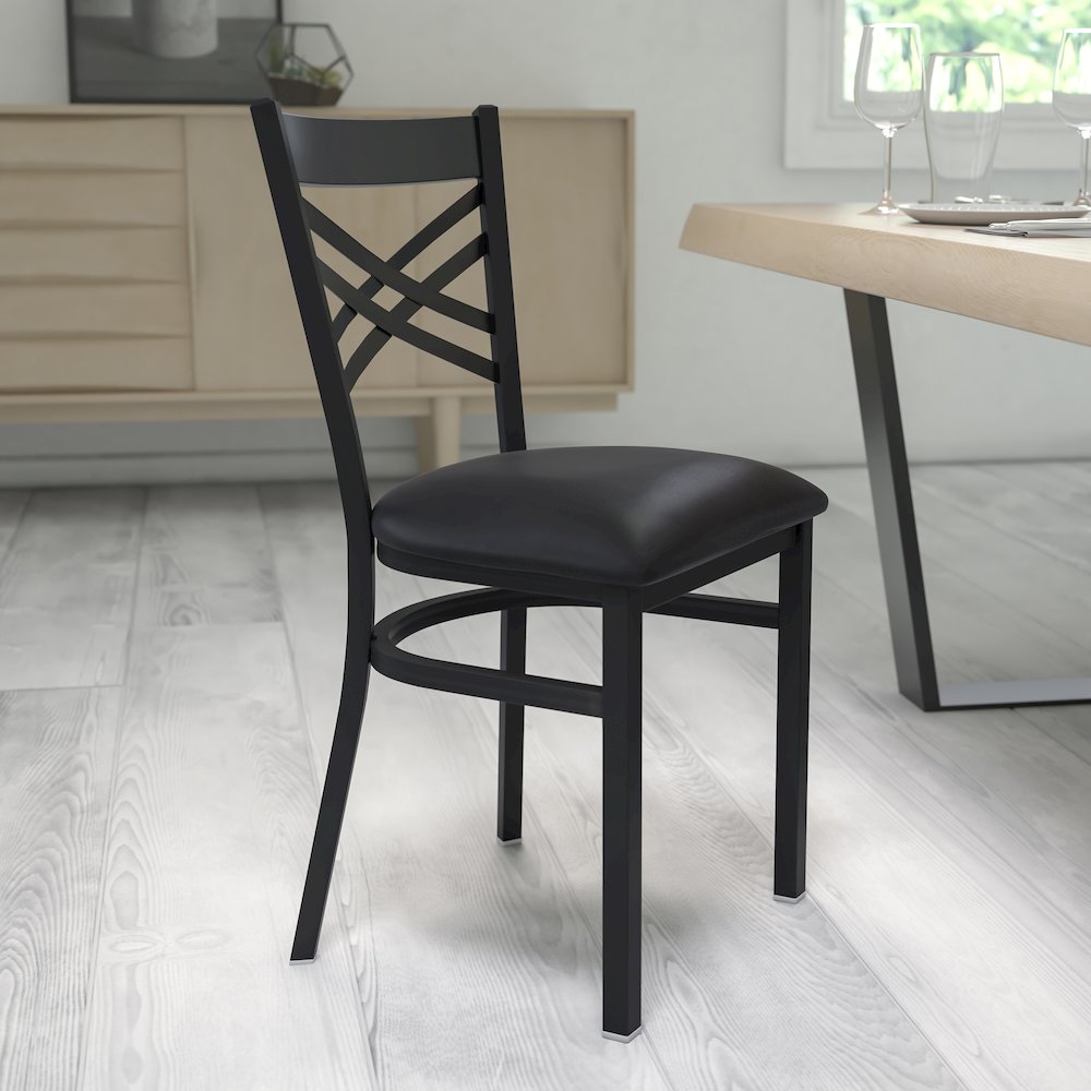 Black ''X'' Back Metal Restaurant Chair - Black Vinyl Seat. Picture 2
