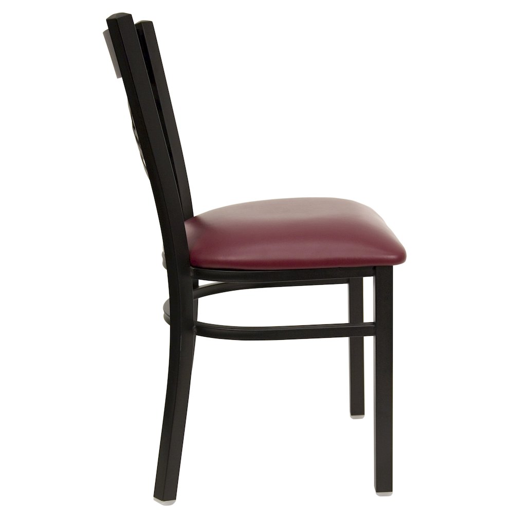 Black ''X'' Back Metal Restaurant Chair - Burgundy Vinyl Seat. Picture 8