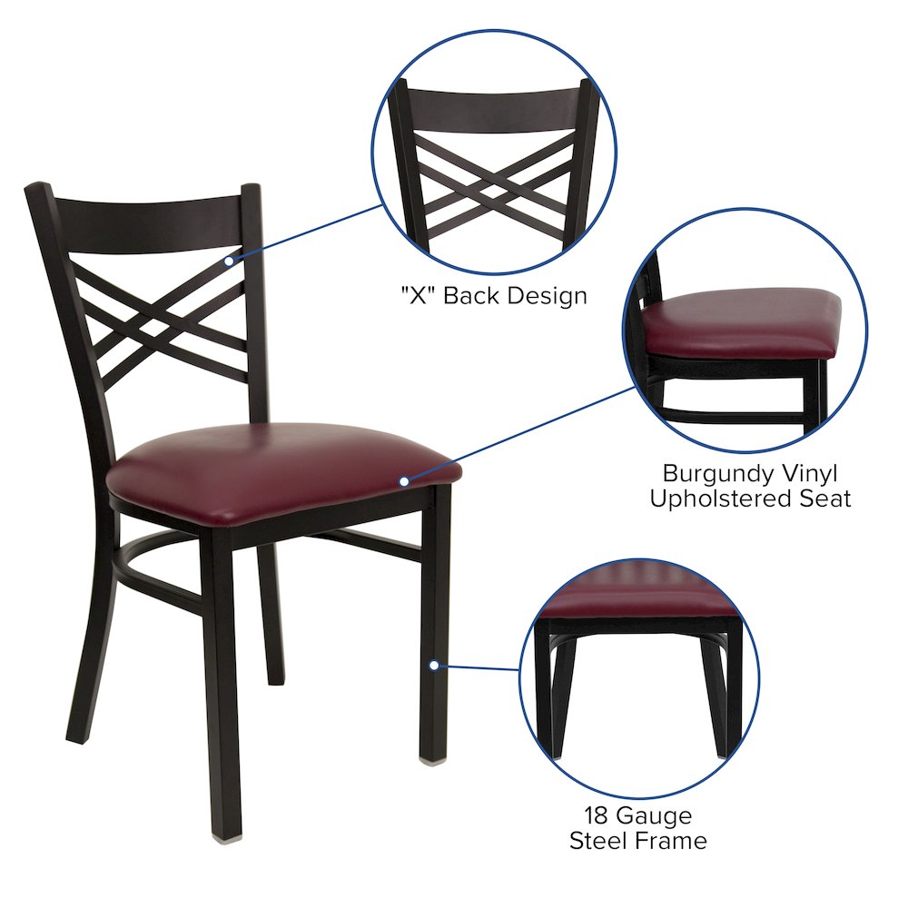 Black ''X'' Back Metal Restaurant Chair - Burgundy Vinyl Seat. Picture 4