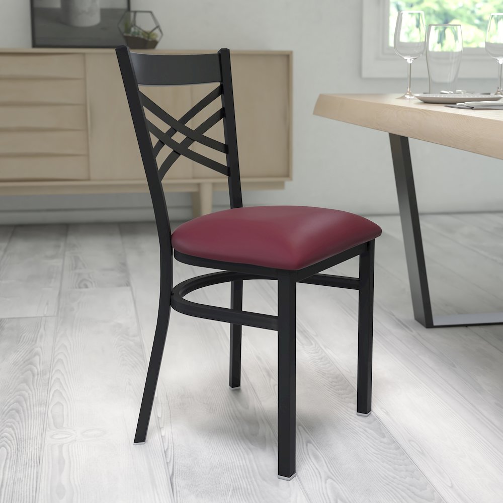 Black ''X'' Back Metal Restaurant Chair - Burgundy Vinyl Seat. Picture 2