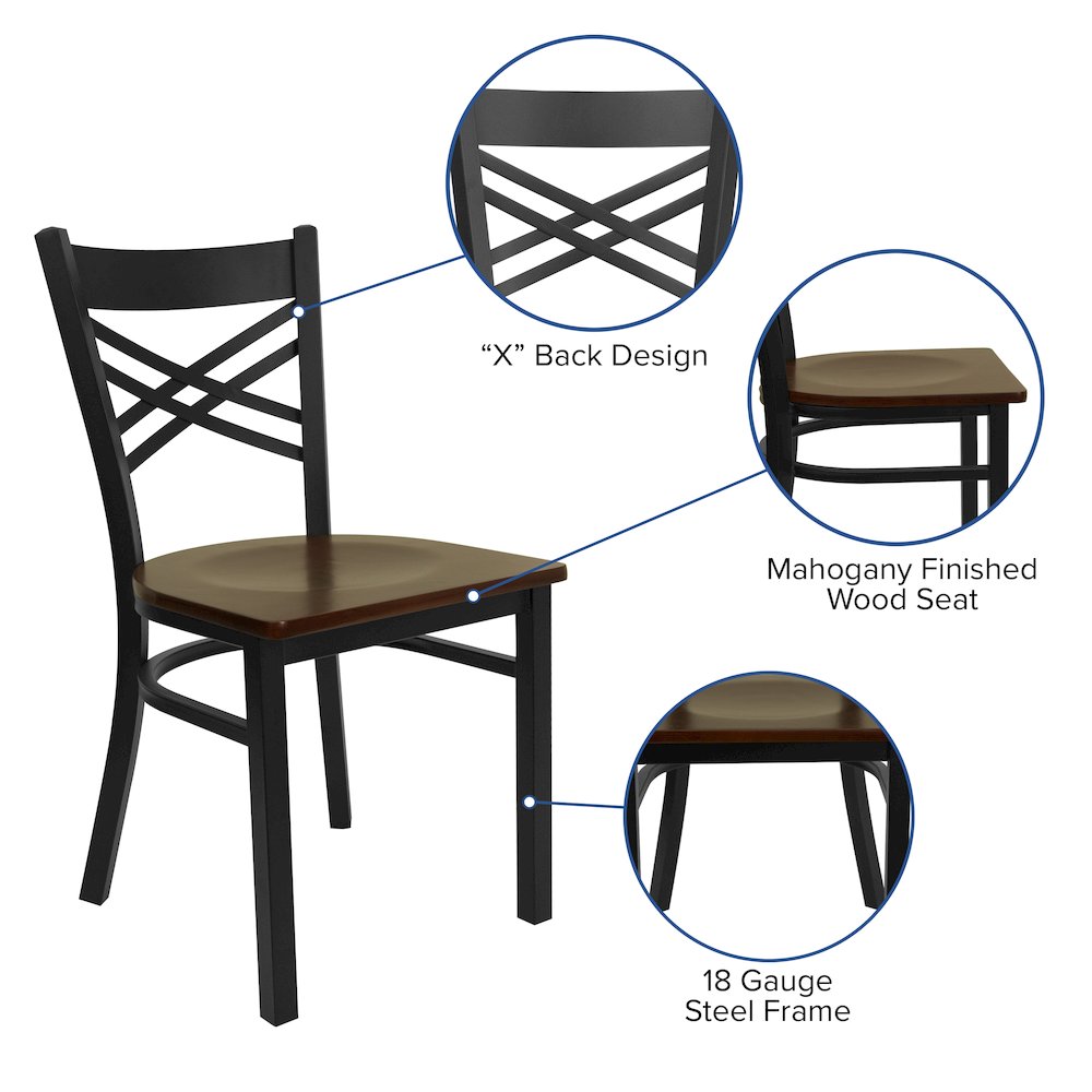 Black ''X'' Back Metal Restaurant Chair - Mahogany Wood Seat. Picture 4
