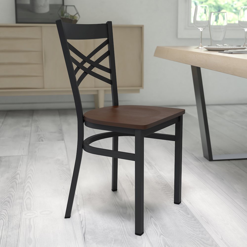 Black ''X'' Back Metal Restaurant Chair - Mahogany Wood Seat. Picture 5