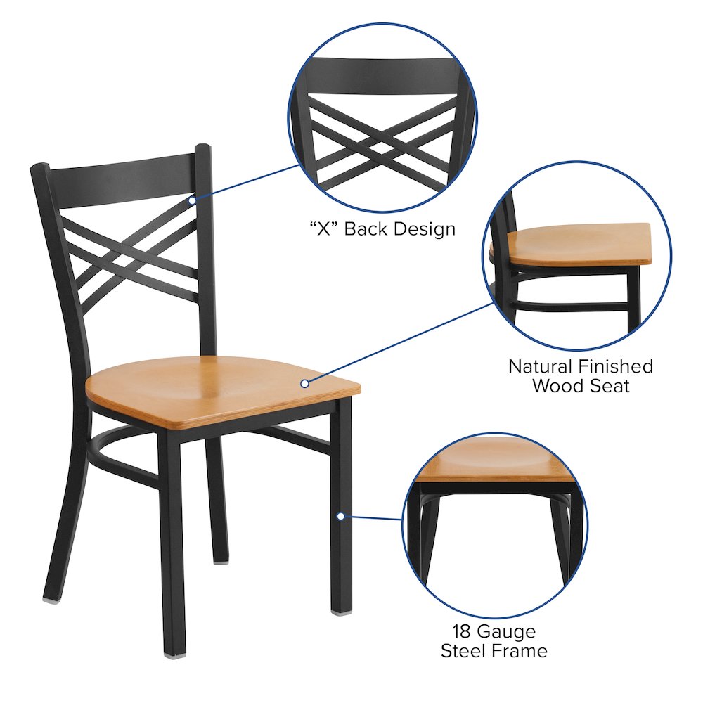 Black ''X'' Back Metal Restaurant Chair - Natural Wood Seat. Picture 4