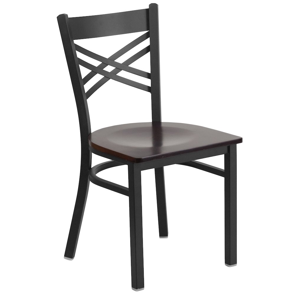 Black ''X'' Back Metal Restaurant Chair - Walnut Wood Seat. Picture 1