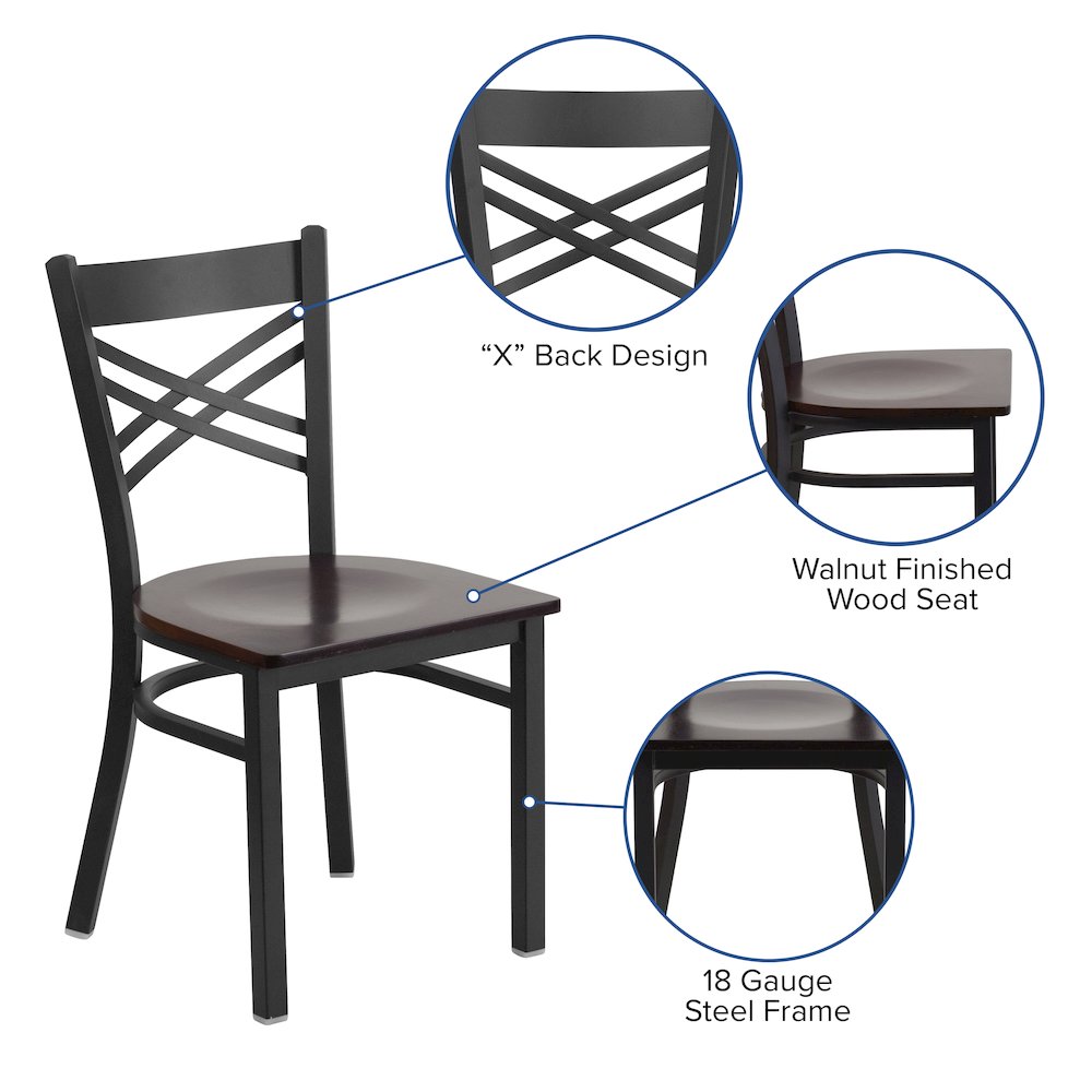 Black ''X'' Back Metal Restaurant Chair - Walnut Wood Seat. Picture 4