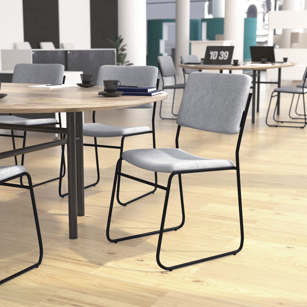 500 lb. Capacity High Density Gray Fabric Stacking Chair with Sled Base. Picture 2