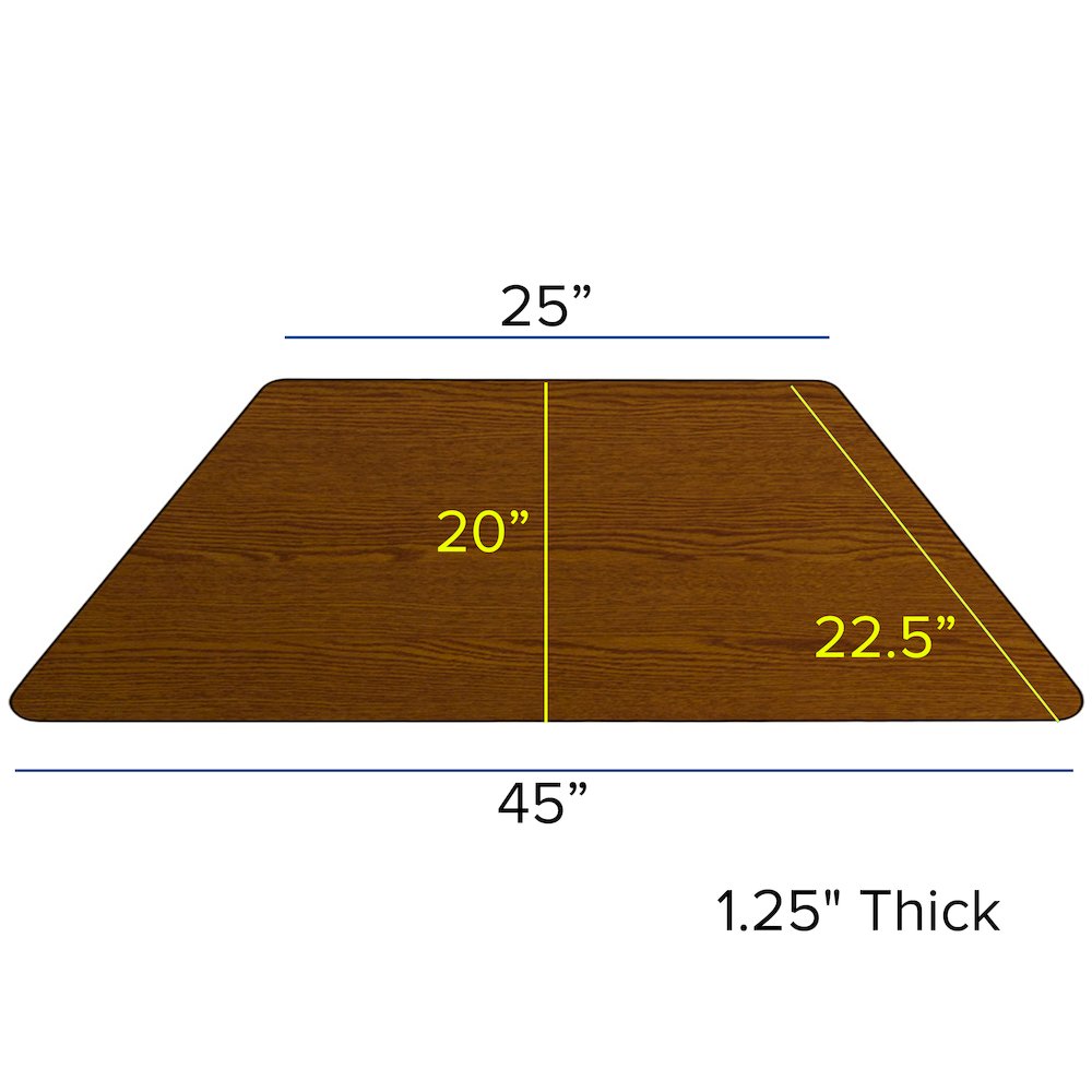 22.5''W x 45''L Trapezoid Oak HP Activity Table - Height Adjustable Short Legs. Picture 3