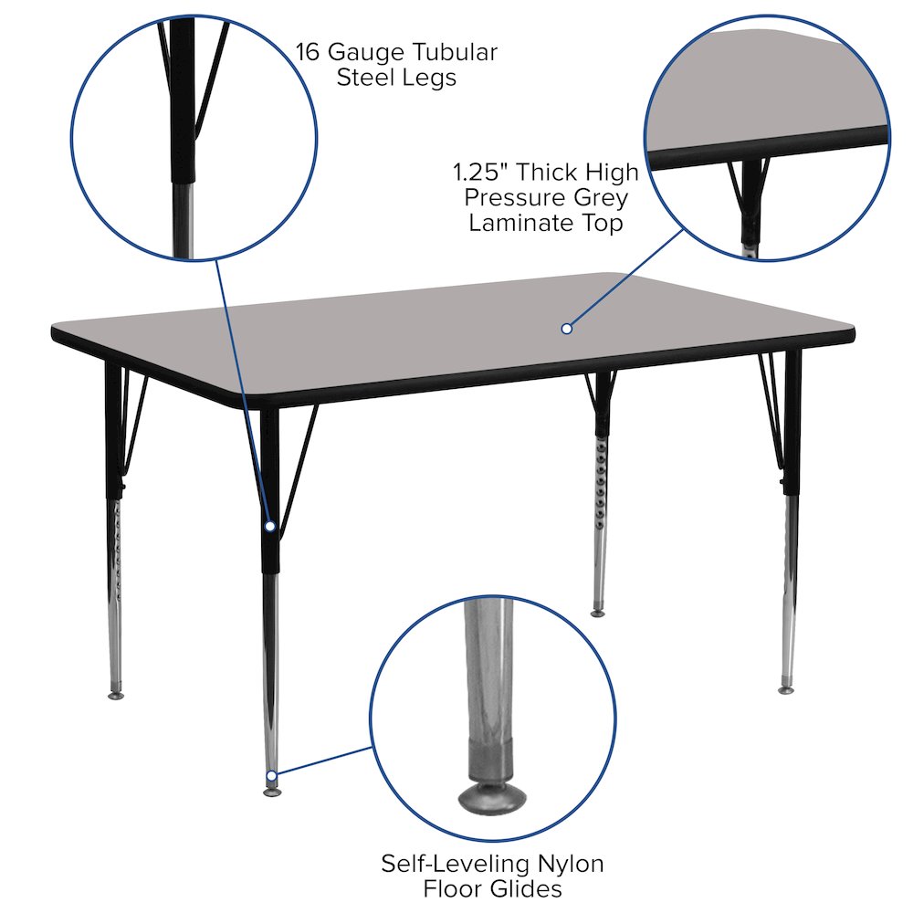 24''W x 60''L Rectangular Grey HP Laminate Activity Table - Standard Height Adjustable Legs. Picture 4