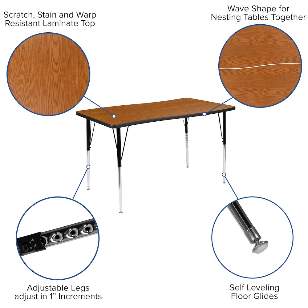 28"W x 47.5"L Oak Finish Activity Table - Standard Height Adjust Legs. Picture 4